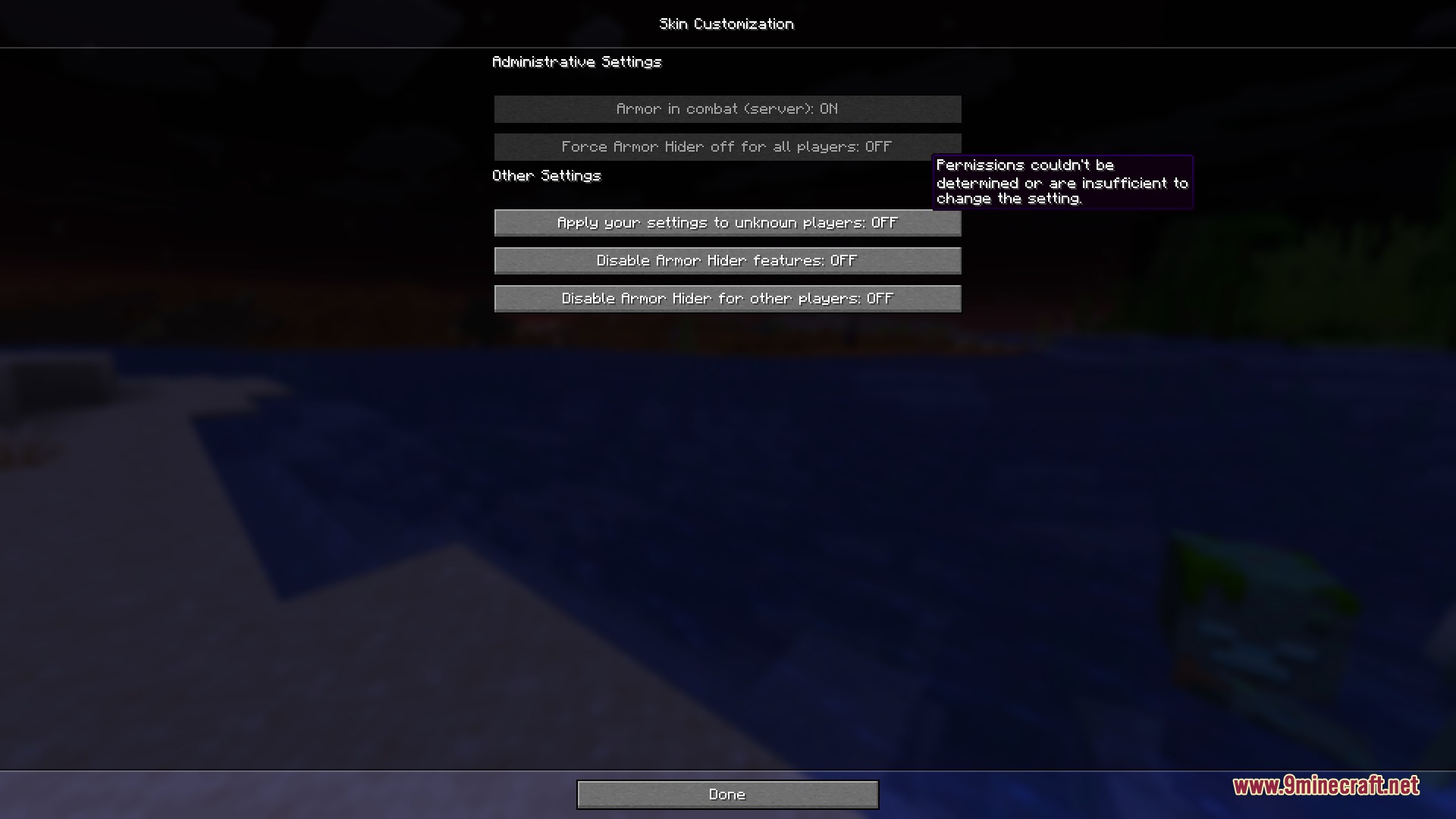 Veil of Sight Mod Screenshot 4 Administrative settings screen for managing armor visibility and player permissions in Minecraft