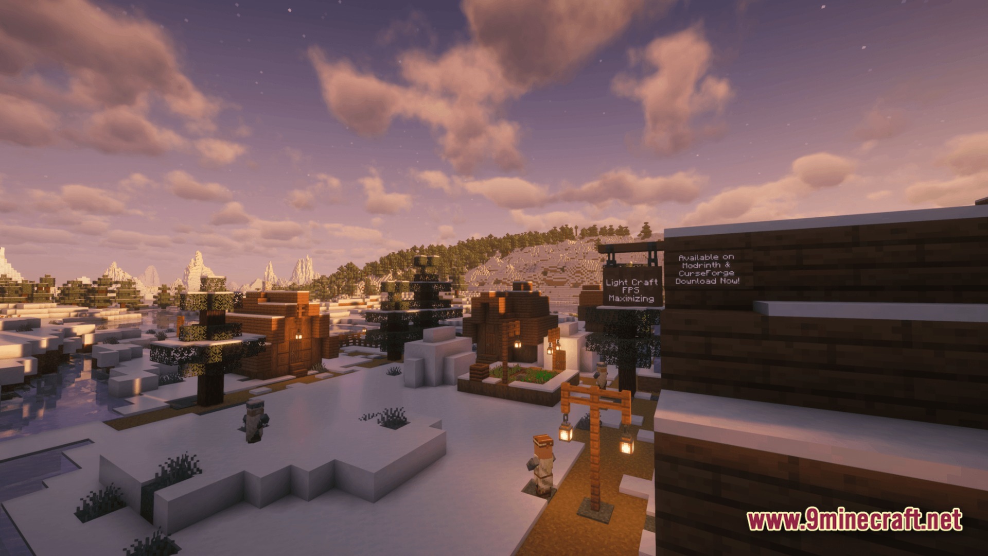 A snowy Minecraft village with wooden houses and villagers under a sunset sky with shaders