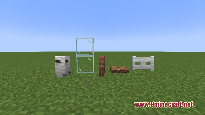 Veneer Geometric Mimicry Mod Screenshot 3 Camouflaged Minecraft blocks including birch logs and glass panes on grass