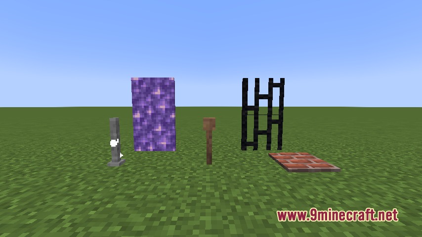 Veneer Geometric Mimicry Mod Screenshot 4 Various Minecraft shapes with amethyst and brick textures on a field