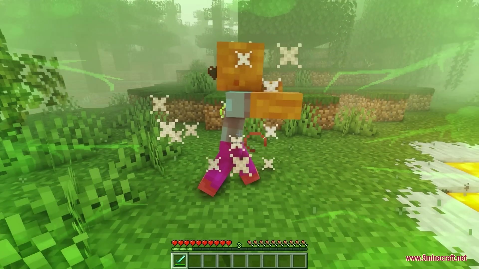 Venomous Reach Mod Screenshot 2 Player character suffering from toxicity effects while exploring a green misty forest