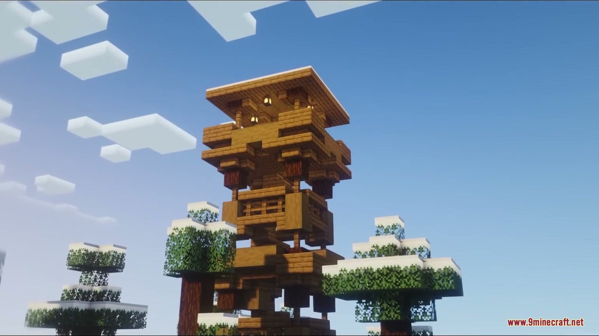 Venomous Reach Mod Screenshot 4 A tall wooden tower structure from Venomous Reach mod in a snowy biome