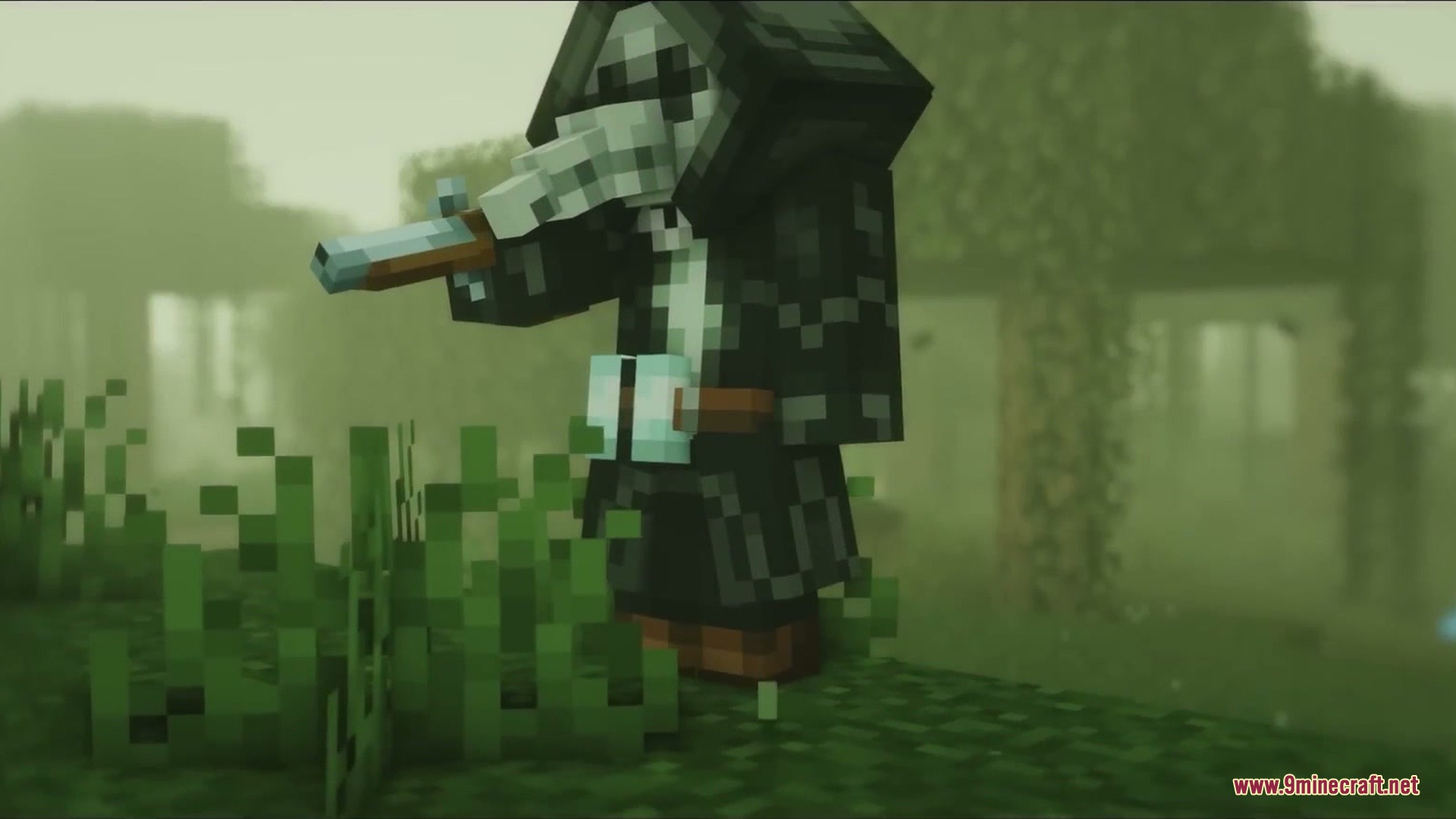 Venomous Reach Mod Screenshot 5 A hunter in plague doctor armor holds a flintlock pistol in the fog