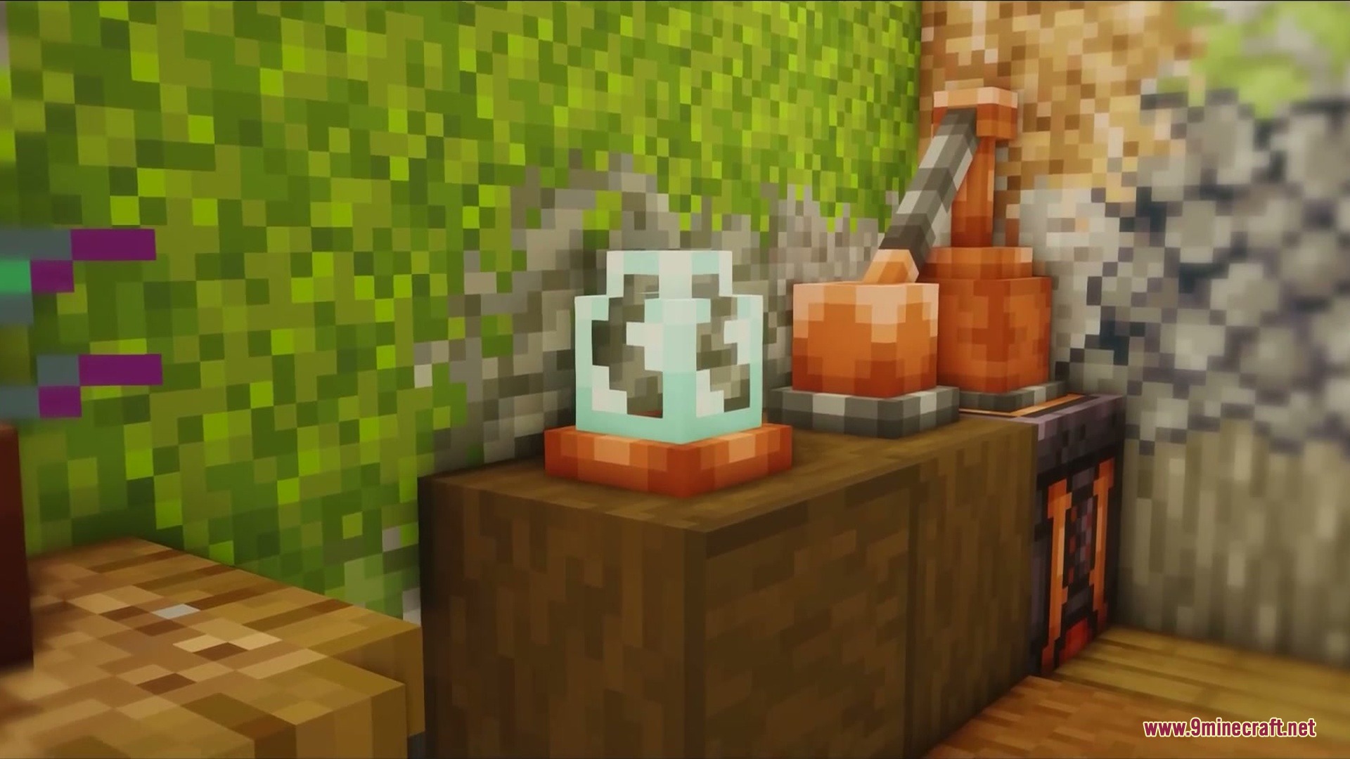 Venomous Reach Mod Screenshot 7 Copper alchemy stations and lab equipment placed on a wooden counter
