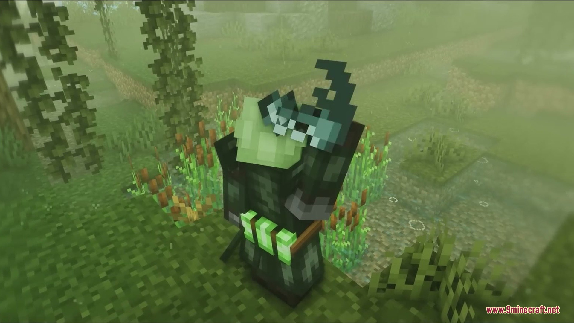 Venomous Reach Mod Screenshot 8 A player wearing dark hunter armor stands in a foggy swamp biome