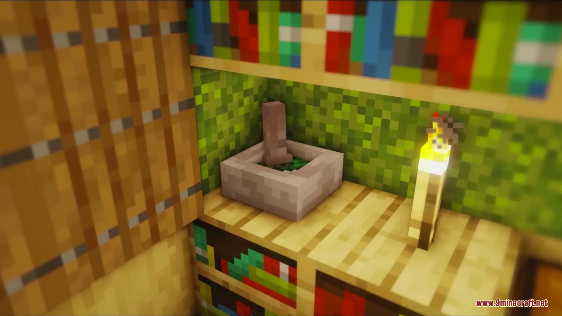Venomous Reach Mod Screenshot 9 A mortar and pestle block placed on a wooden shelf near a torch