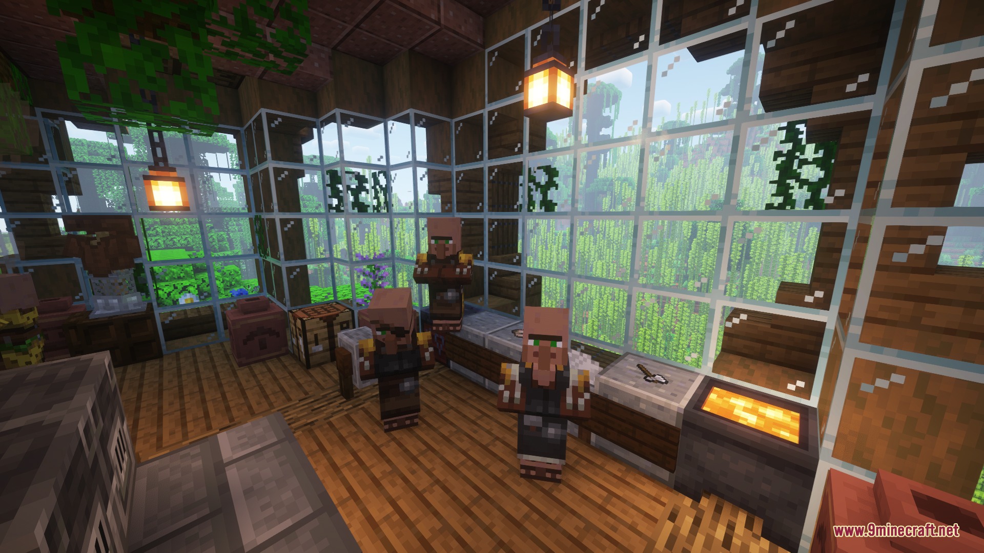 Verdant Canopy Outpost Mod Screenshot 2 Villagers standing inside a treehouse workshop with large windows overlooking the jungle