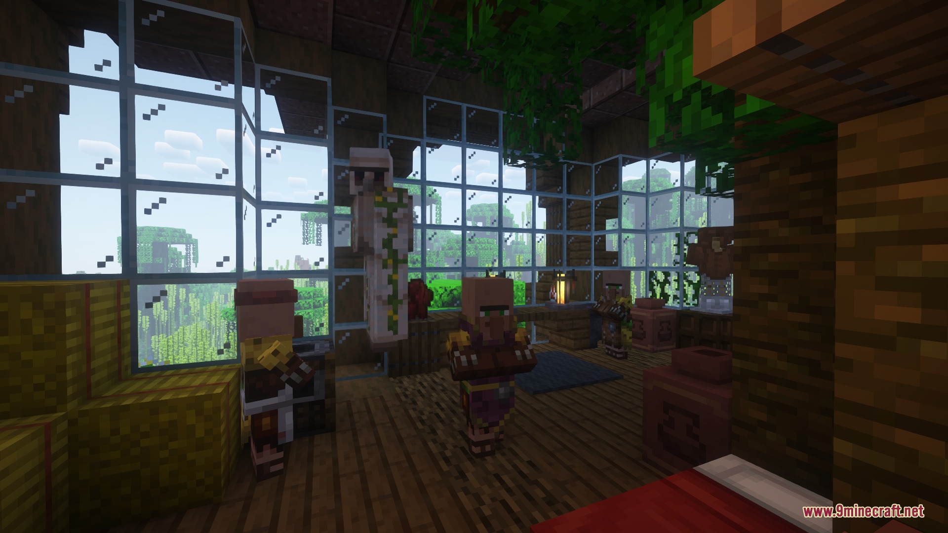Verdant Canopy Outpost Mod Screenshot 3 Villagers and an iron golem inside a spacious jungle treehouse outpost