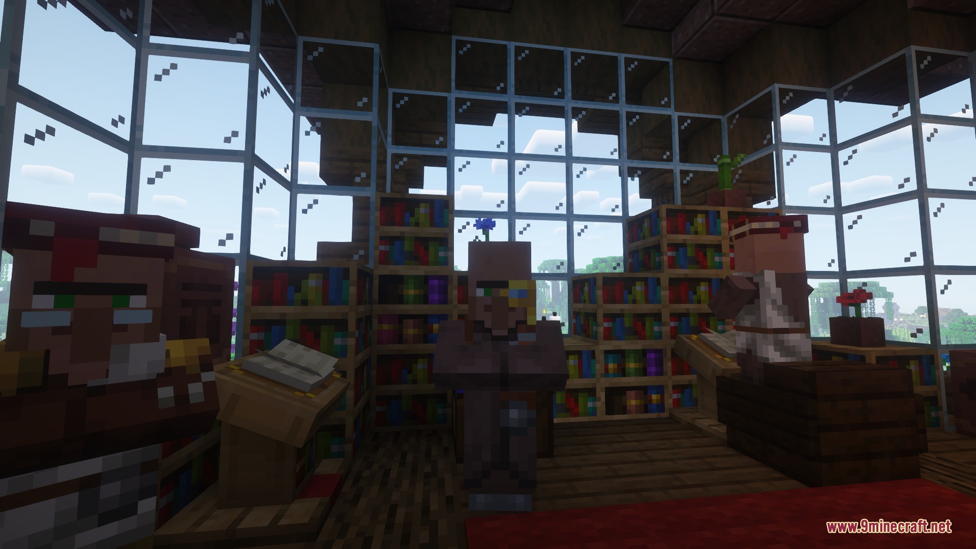 Verdant Canopy Outpost Mod Screenshot 4 Villagers standing near bookshelves and lecterns inside a wooden library room