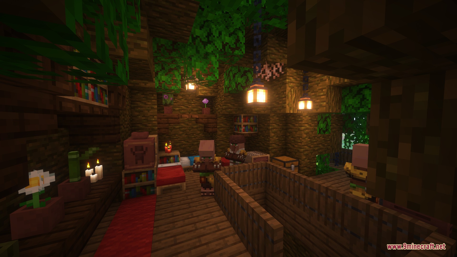 Verdant Canopy Outpost Mod Screenshot 5 Villagers living in a cozy wooden room with lanterns and bookshelves