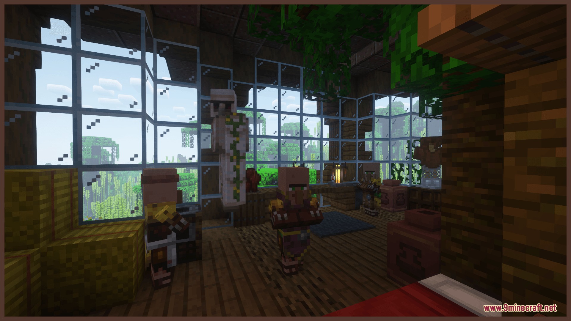 Verdant Canopy Outpost Mod Screenshot 7 Villagers and an iron golem inside a treehouse with large panoramic windows