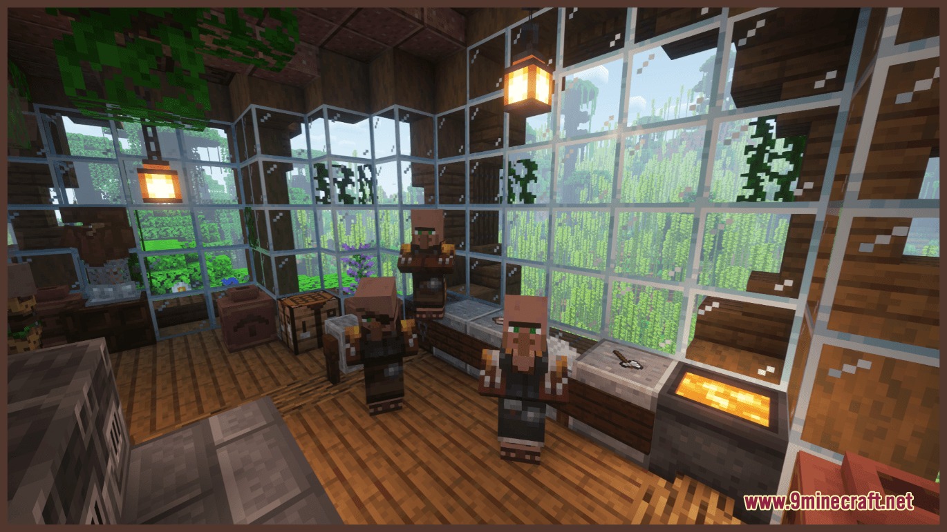 Verdant Canopy Outpost Mod Screenshot 8 Villagers standing near crafting stations inside a Verdant Canopy Outpost settlement