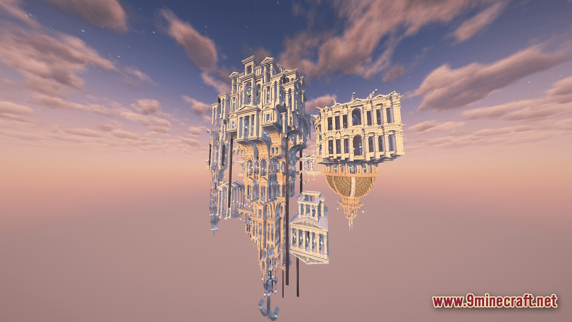 Vessel of the Void Modpack Screenshot 10 A massive, ornate neoclassical palace structure floats in a void dimension under a sunset sky