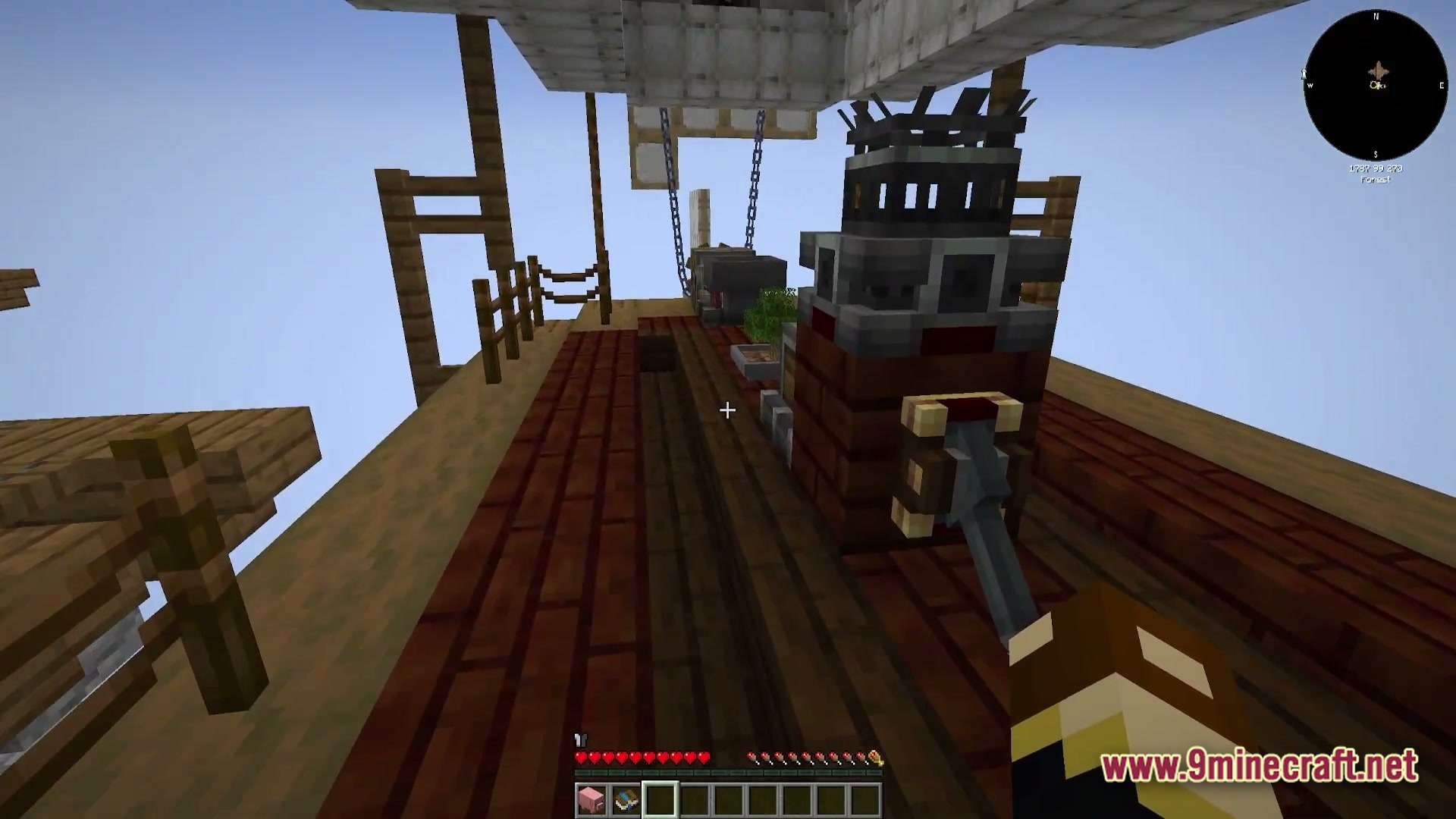 Vessel of the Void Modpack Screenshot 2 A player stands on the wooden deck of a flying airship featuring various industrial machinery