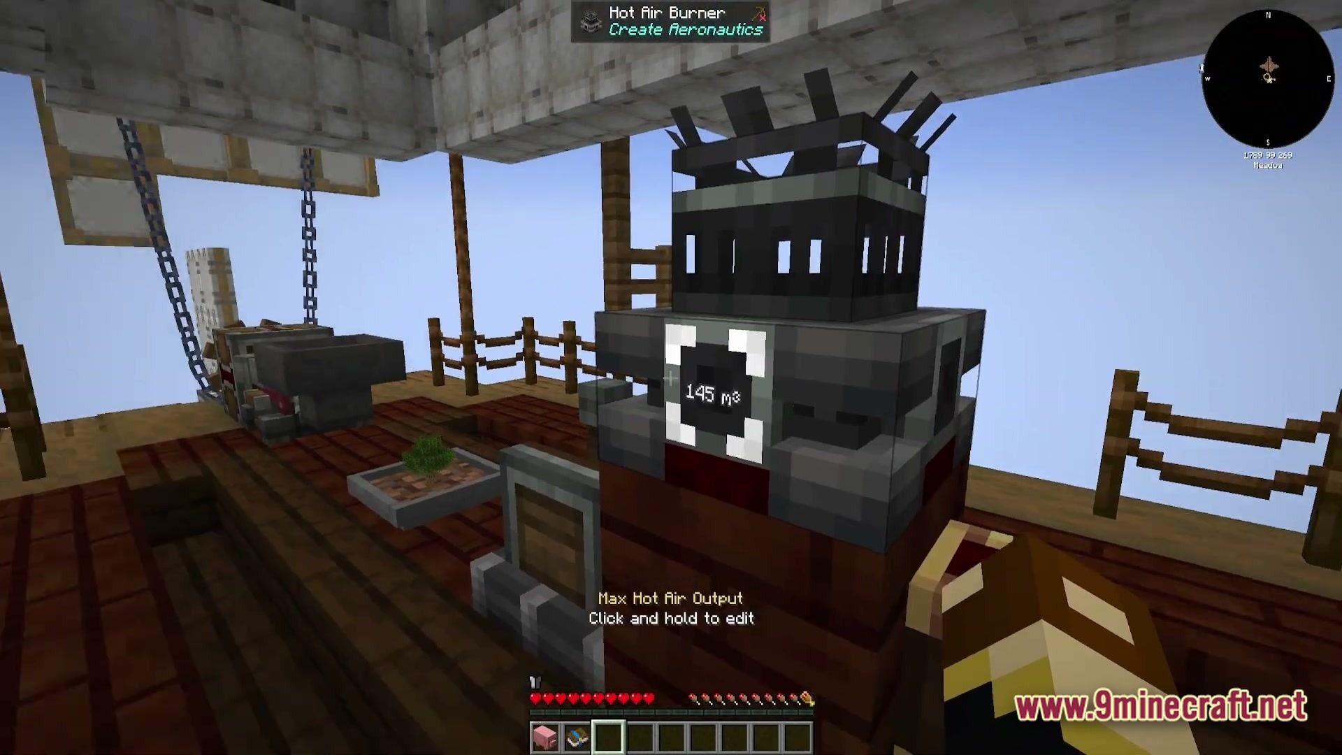 Vessel of the Void Modpack Screenshot 4 A Hot Air Burner machine from Create Aeronautics sits on a wooden airship deck