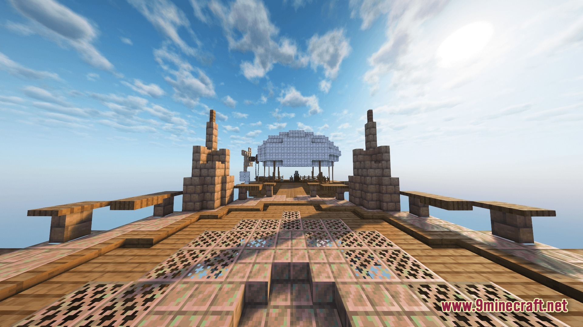 Vessel of the Void Modpack Screenshot 7 A large wooden airship structure with a white balloon floating in a clear sky