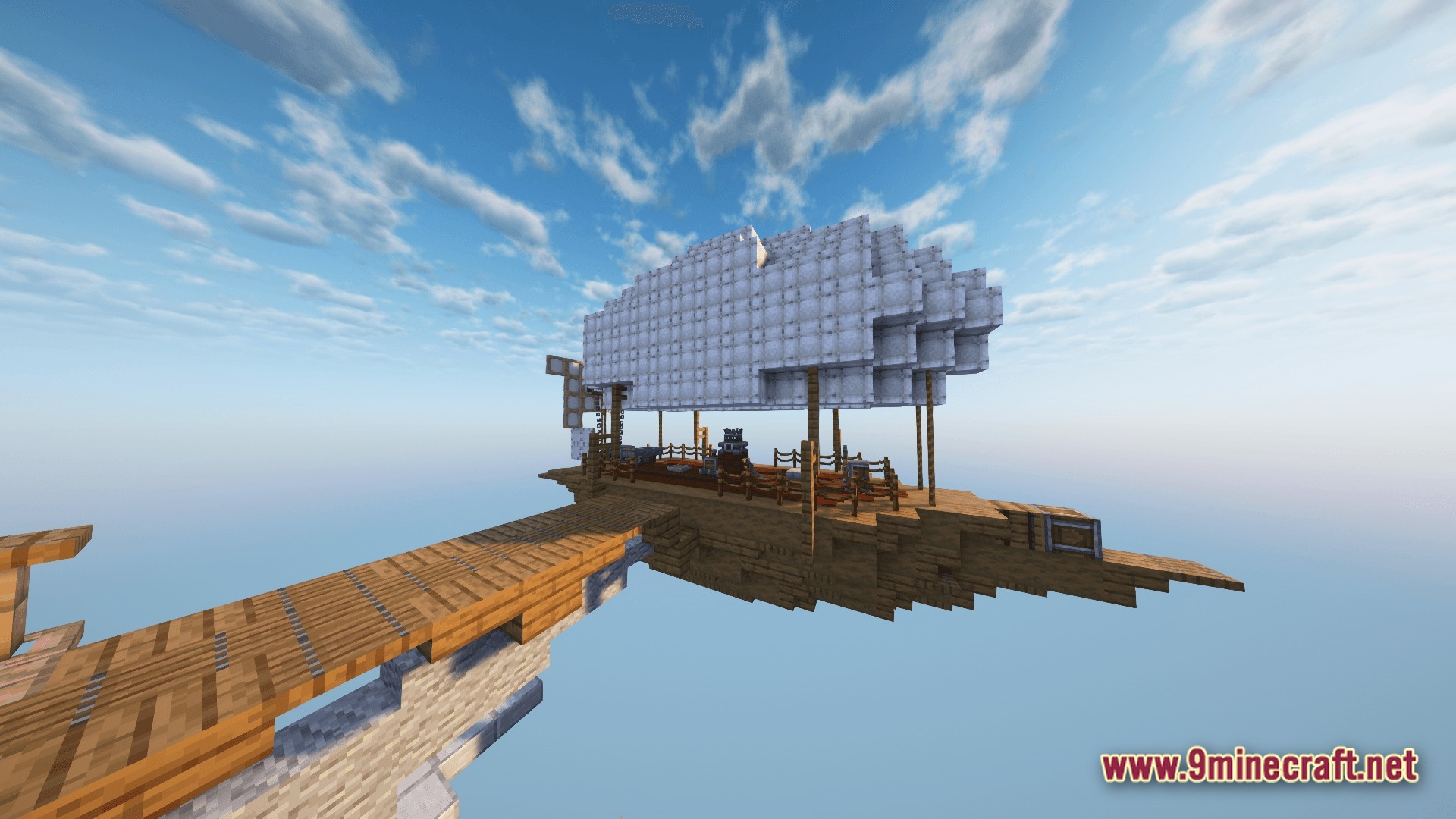 Vessel of the Void Modpack Screenshot 8 A wooden airship with a white balloon docked at a high-altitude platform against a blue sky