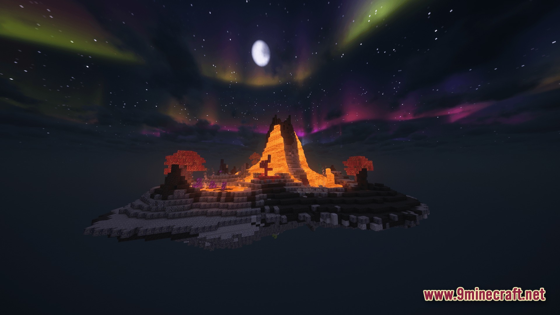 Vessel of the Void Modpack Screenshot 9 A floating volcanic island with lava flows under a starry sky featuring a colorful aurora