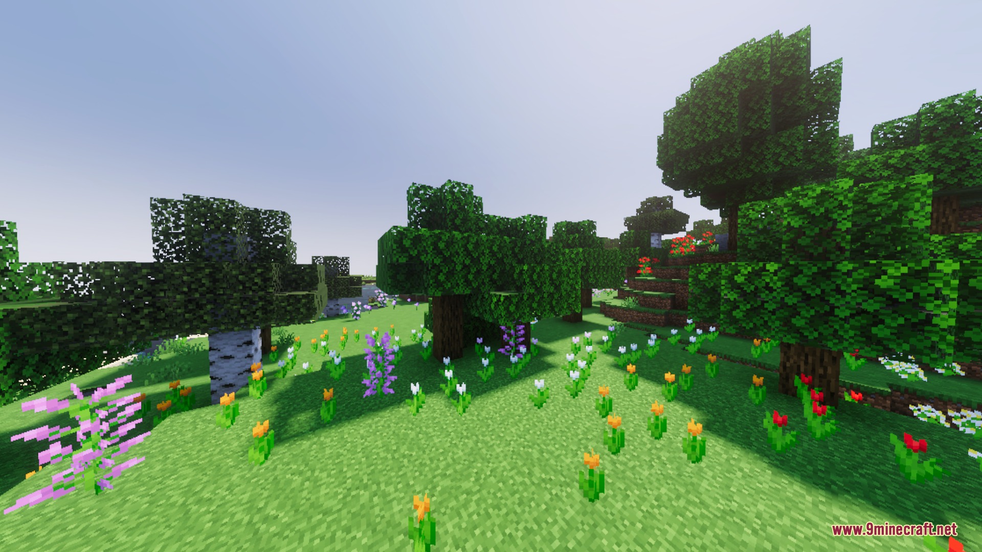Vibrant Legacy L Espace Shader Screenshot 10 Colorful flower field and trees under a bright sky with enhanced lighting