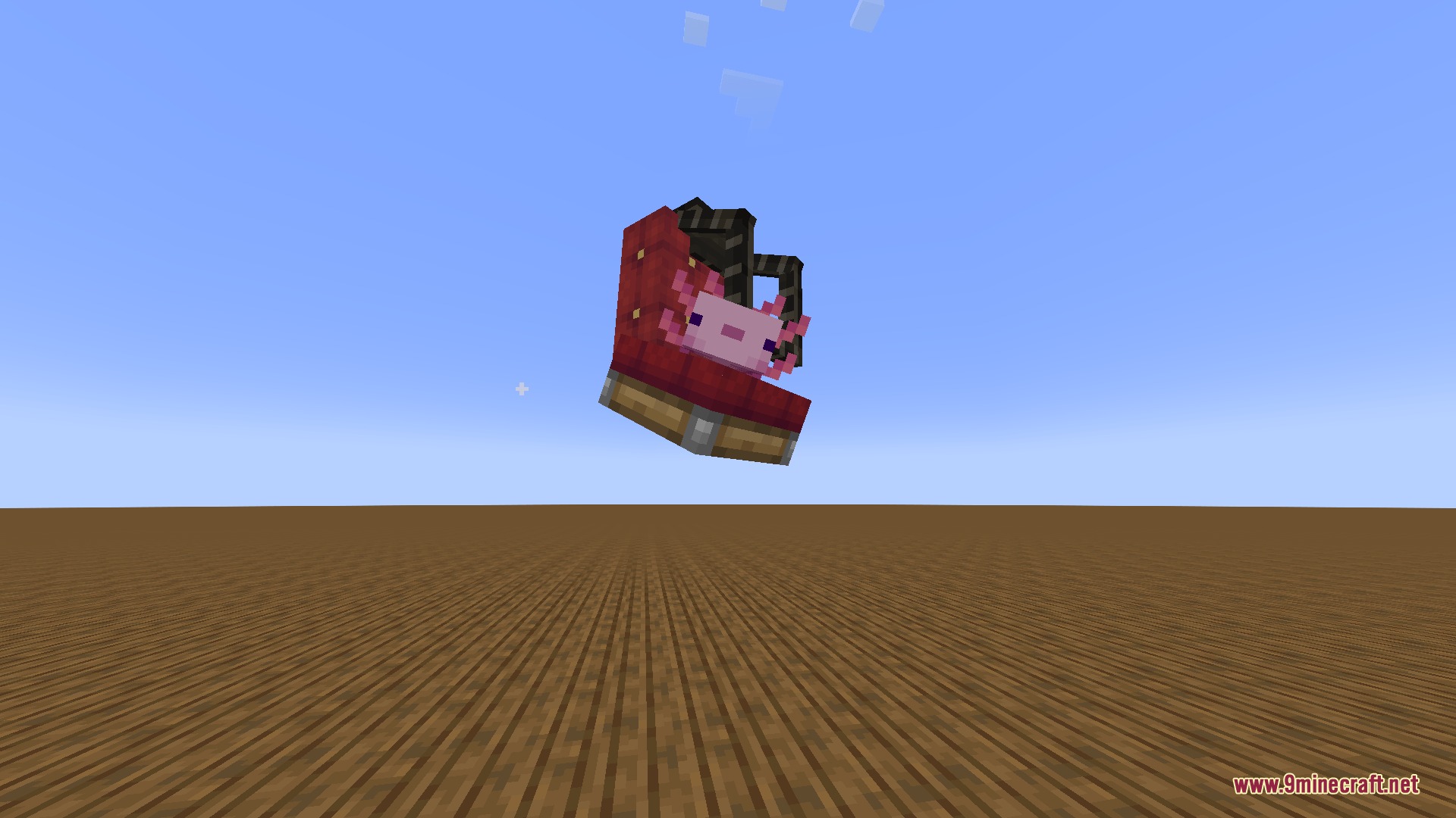 Vibrant Rail Rider Mod Screenshot 5 A pink axolotl sitting in a red coaster seat floating in the sky
