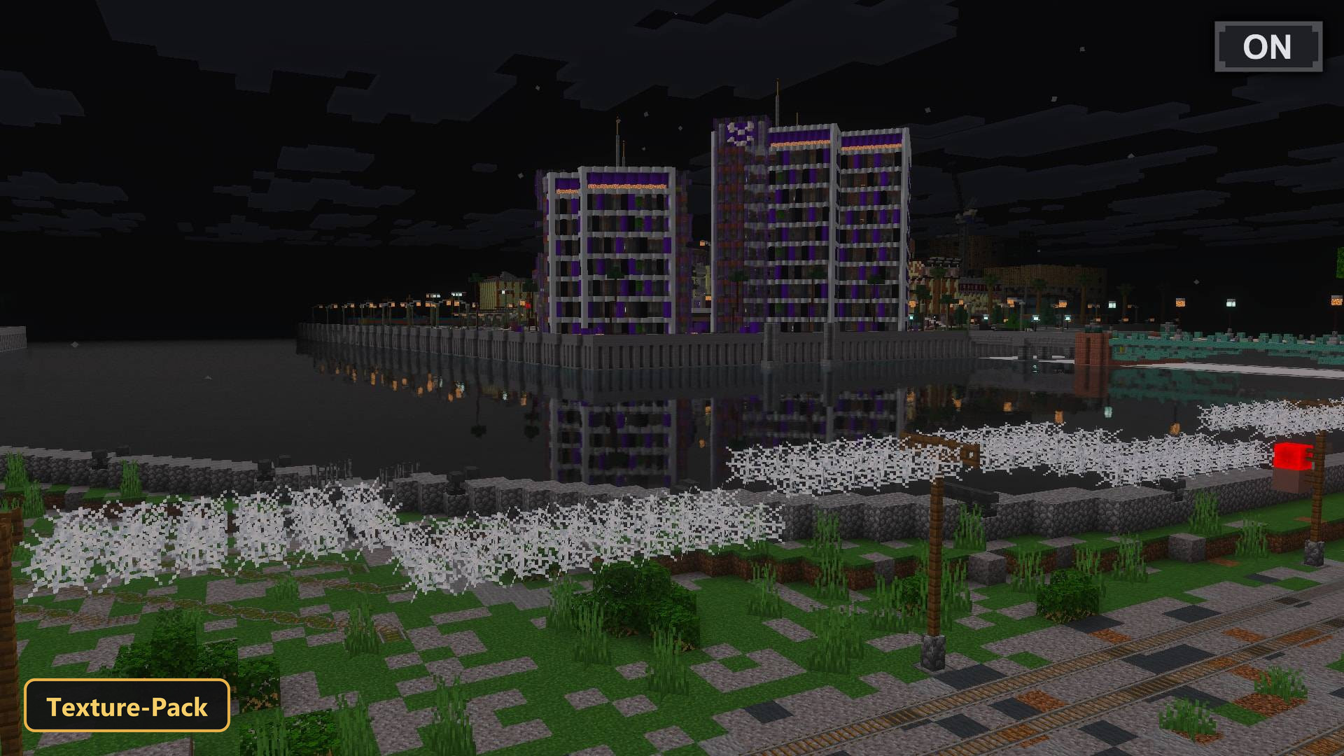 city at night with purple buildings and water reflections, enhanced lighting