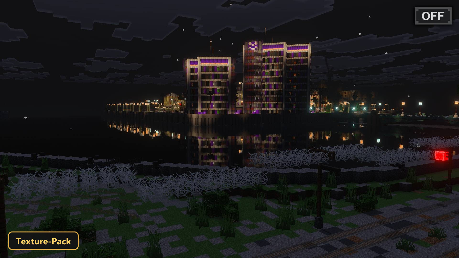 city at night with purple buildings and water reflections, default lighting