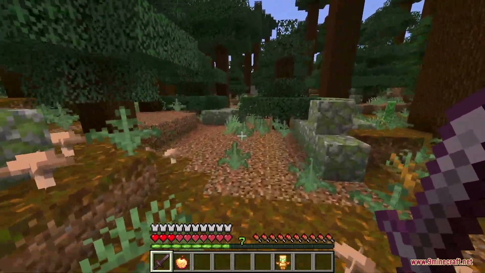 Vigor and Voids Mod Screenshot 10 Player holding a sword in a forest with the green stamina bar