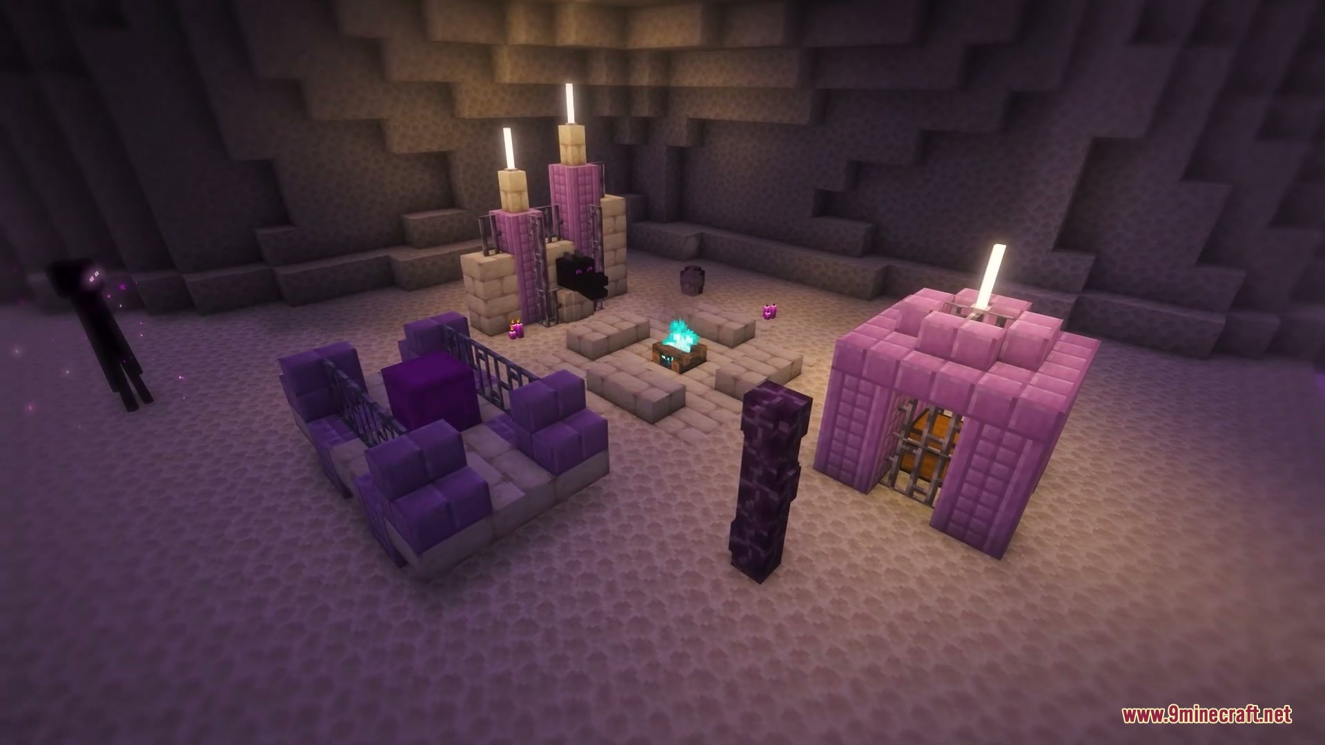 Vigor and Voids Mod Screenshot 3 Enderman standing near a small campsite with a soul campfire and purpur blocks