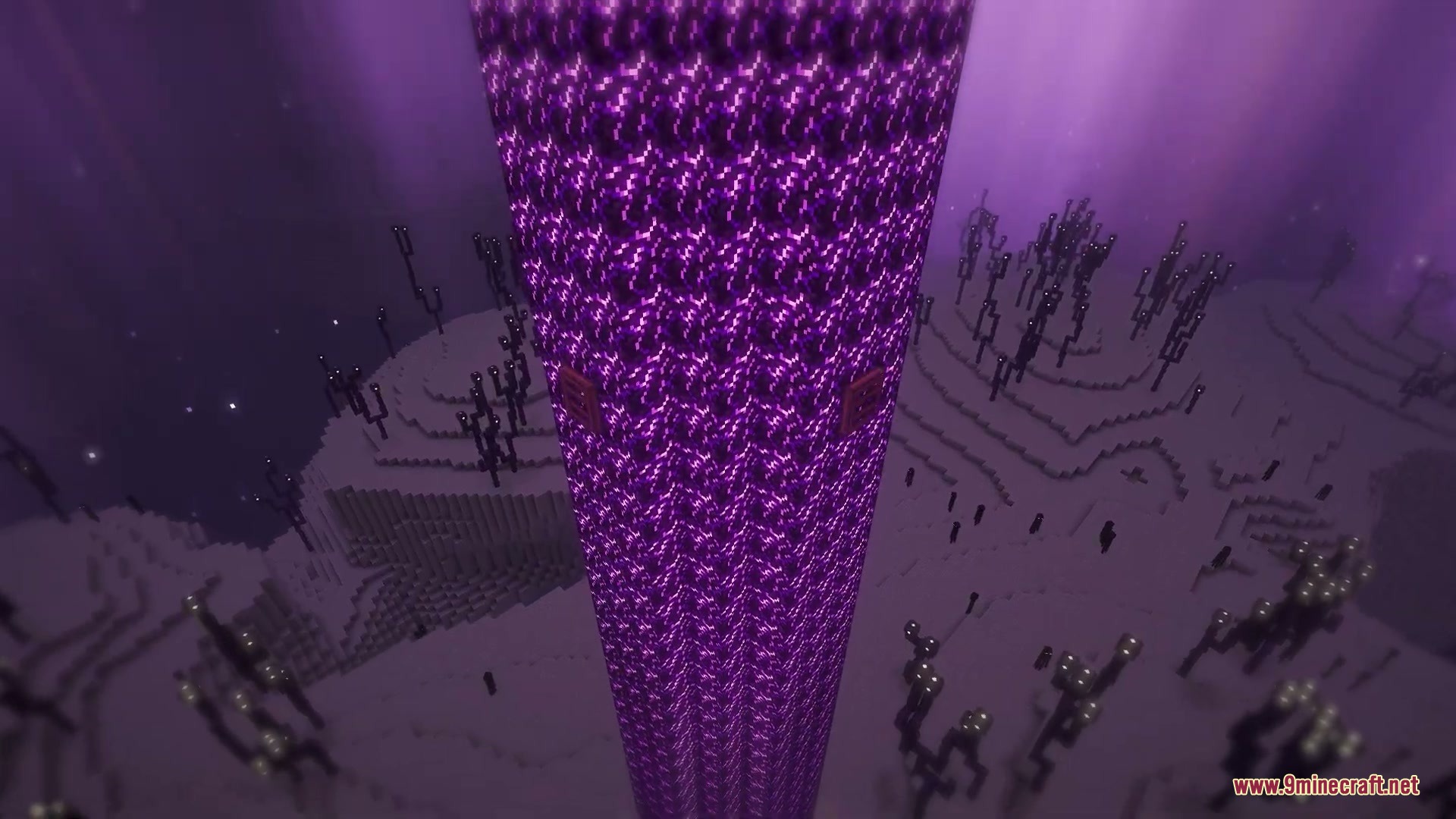 Vigor and Voids Mod Screenshot 4 A tall purple pillar towers over chorus plants and Endermen in the End