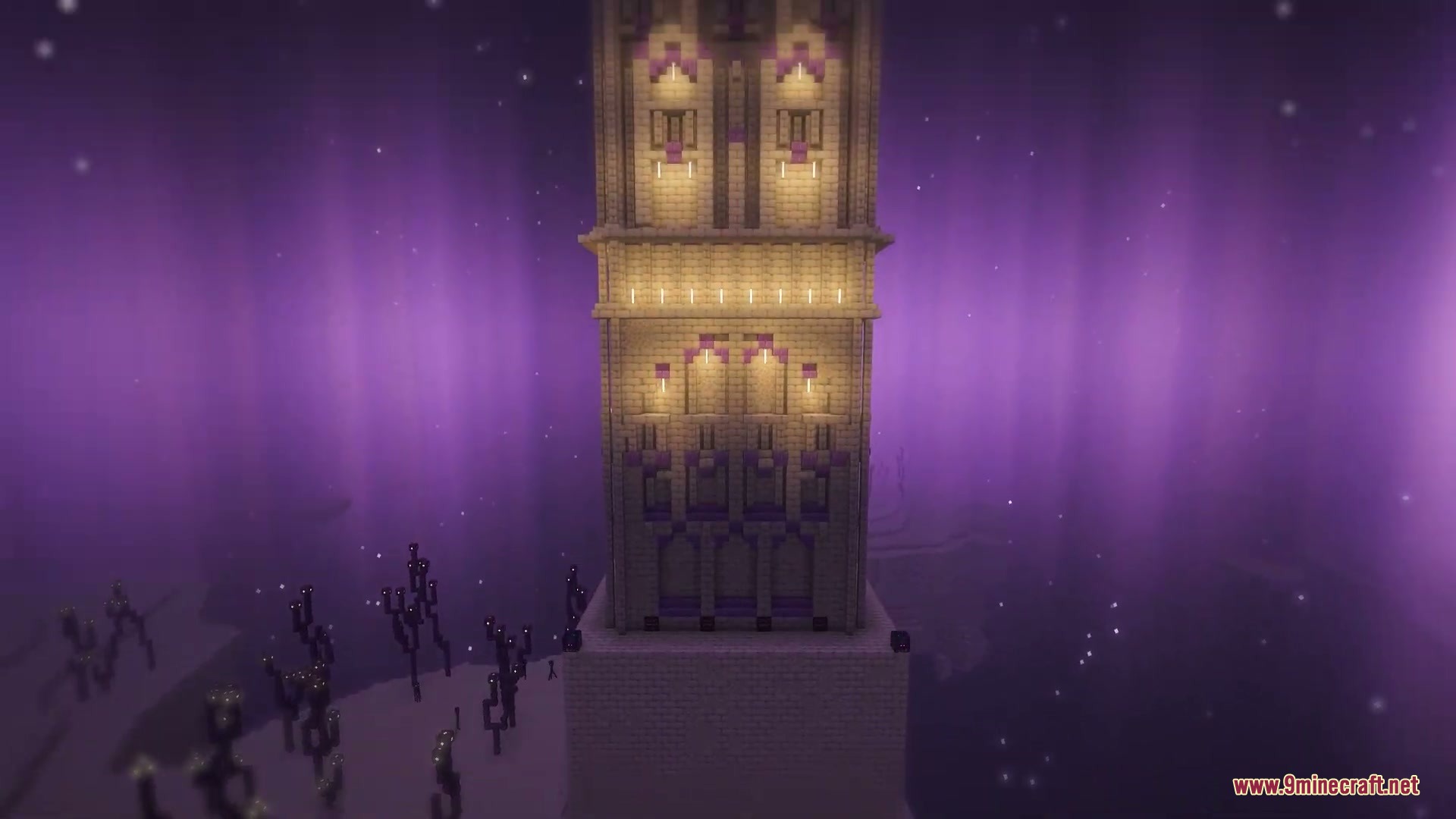 Vigor and Voids Mod Screenshot 7 A tall ornate tower built with end stone bricks in the purple void