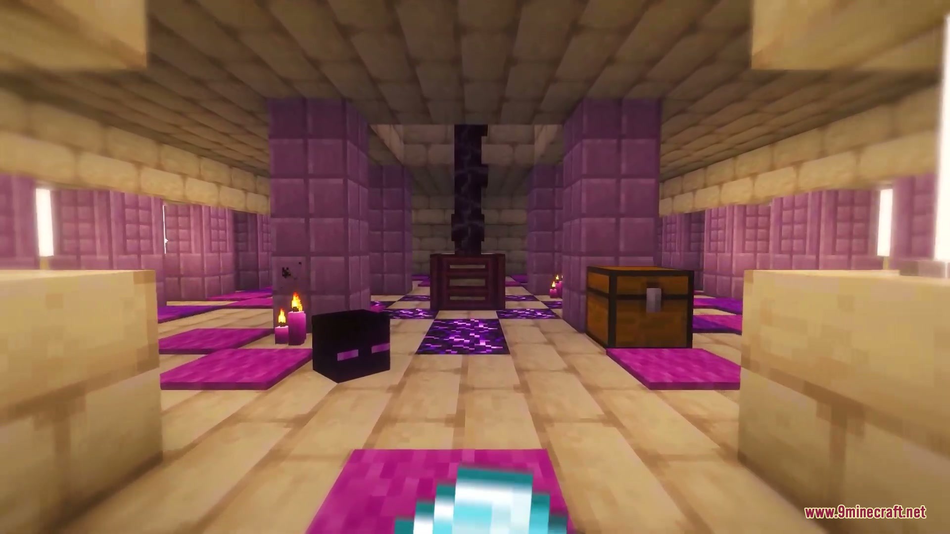 Vigor and Voids Mod Screenshot 9 A room featuring purple pillars an Enderman head and a wooden chest