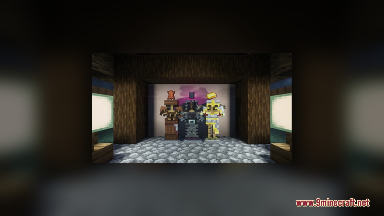Viking Armory Resource Pack Screenshot 3 Three armor stands displaying leather netherite and gold Viking Armory sets
