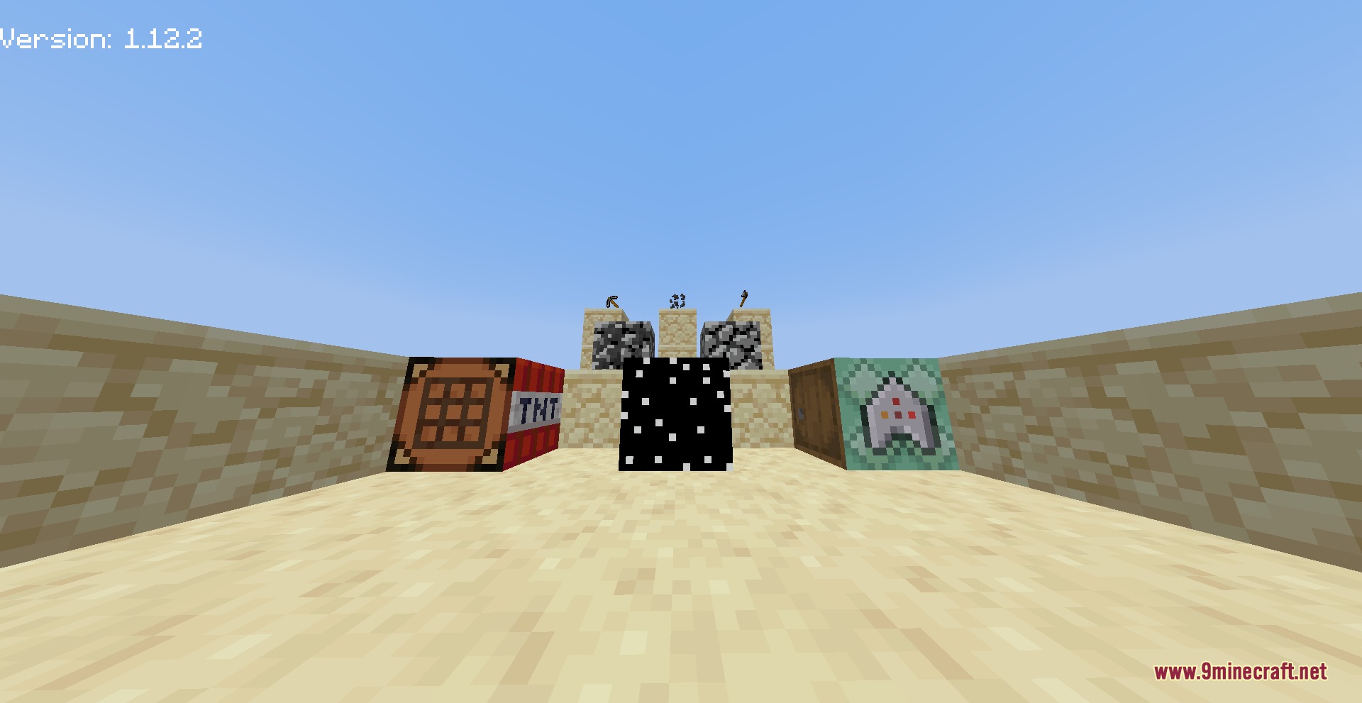 Vile Cell Growth Mod Screenshot 3 Three unique custom blocks displayed on sand in a flat desert world