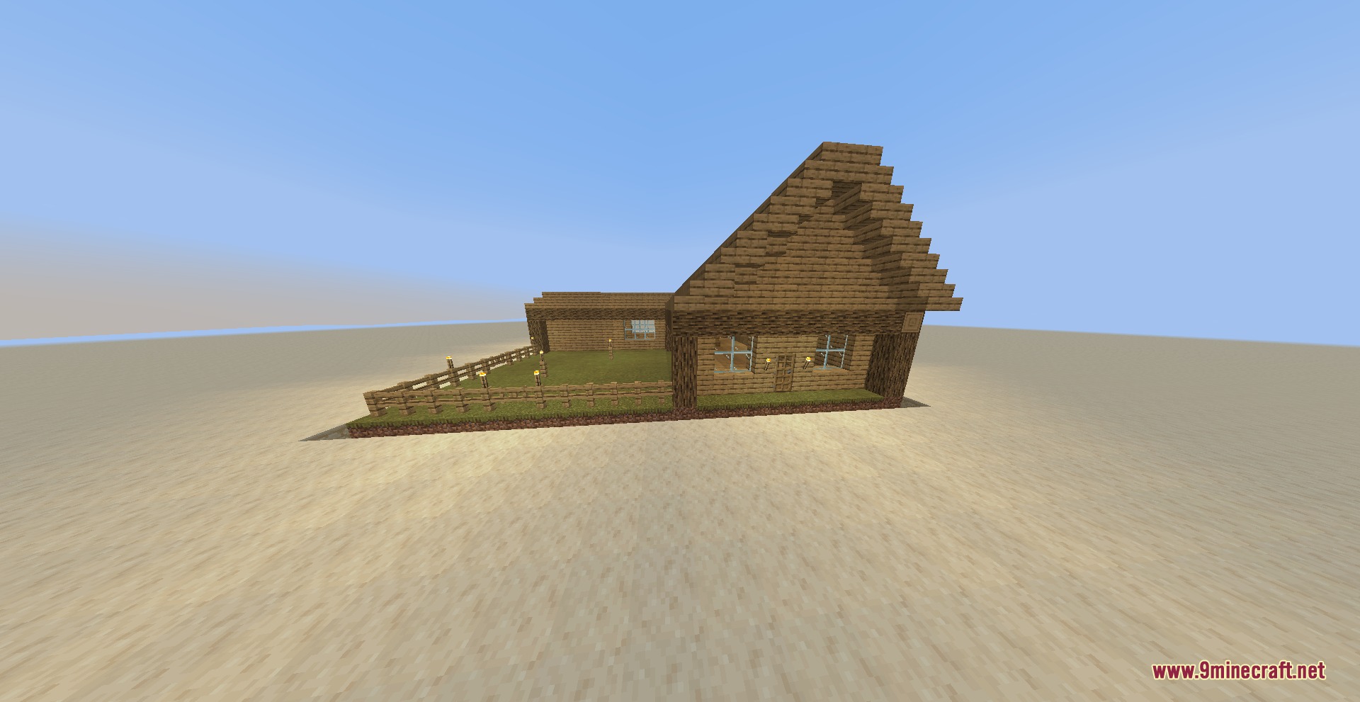 Vile Cell Growth Mod Screenshot 4 A custom wooden house structure with a fenced yard in a desert