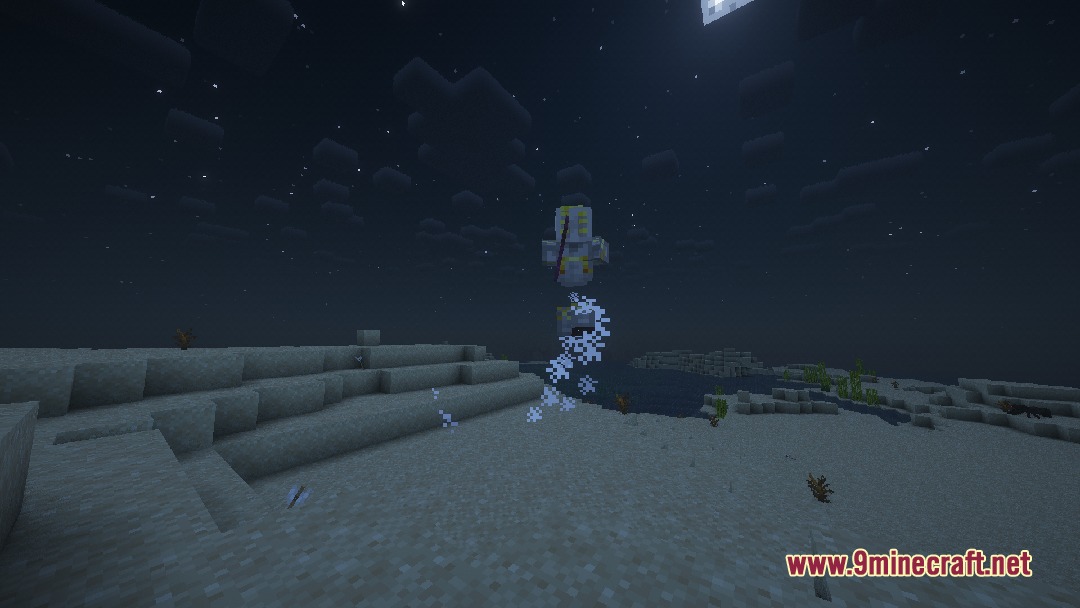 Vile Frontier Creatures Mod Screenshot 1 An armored mob hovers in the air with glowing blue particles at night