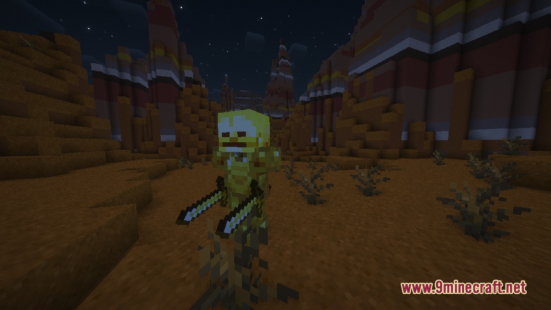 Vile Frontier Creatures Mod Screenshot 2 A Golden Skeleton with dual swords stands in a mesa biome at night