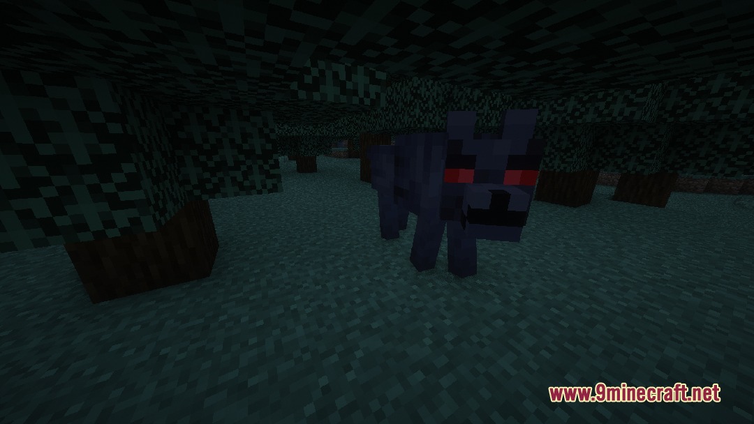Vile Frontier Creatures Mod Screenshot 3 A black wolf with glowing red eyes stalks players in the forest