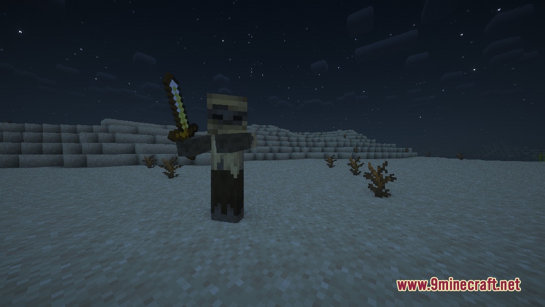Vile Frontier Creatures Mod Screenshot 4 A mummy holding a golden sword stands in a desert at night