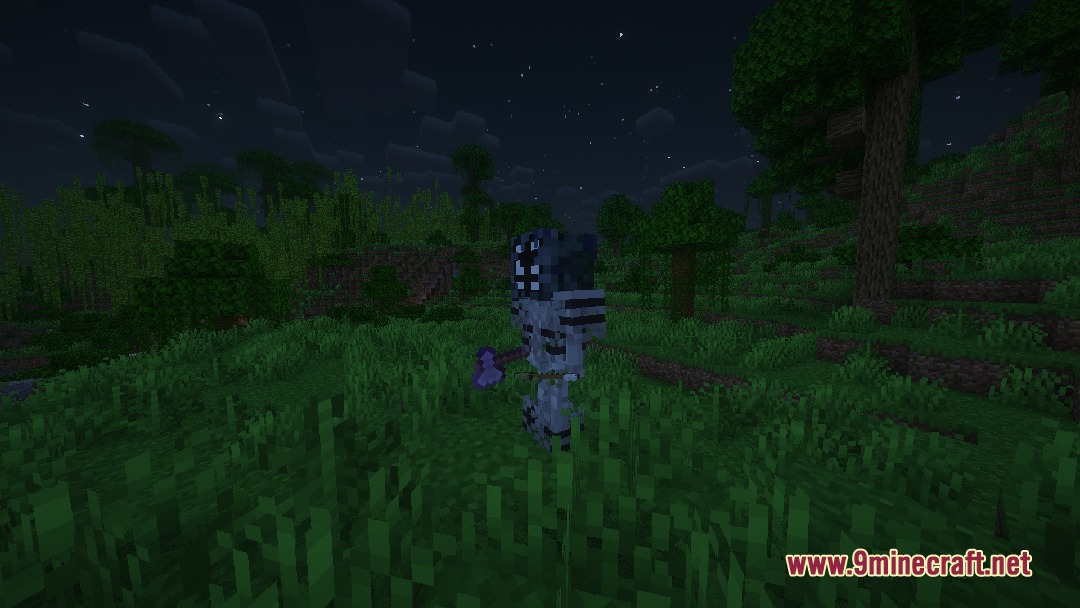 Vile Frontier Creatures Mod Screenshot 5 A skeletal warrior holding a purple axe stands in a dark jungle at night