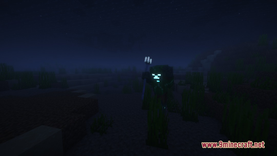 Vile Frontier Creatures Mod Screenshot 6 A creature with glowing eyes holds a trident in a dark foggy field