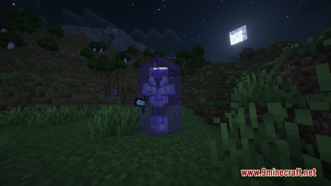 Vile Frontier Creatures Mod Screenshot 7 An armored skeleton protected by a purple energy bubble in a dark grassy field