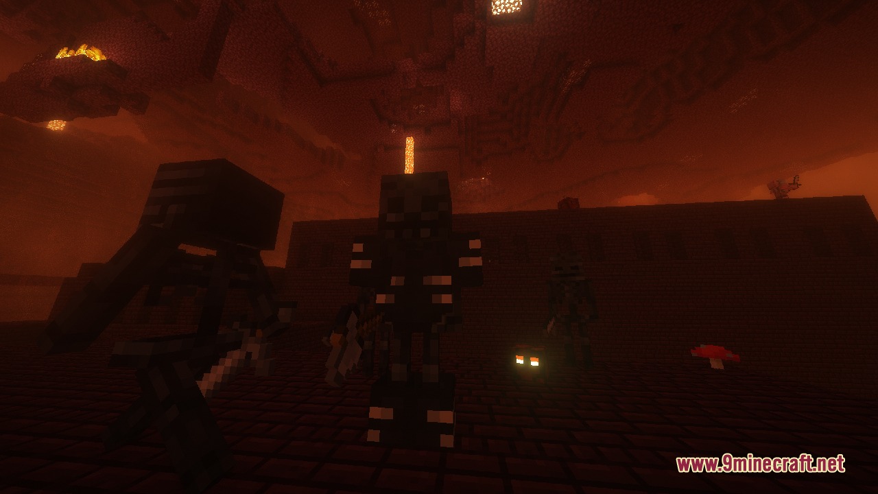 Vile Frontier Creatures Mod Screenshot 8 Dark wither skeletons gather inside a nether fortress with glowing orange lava above