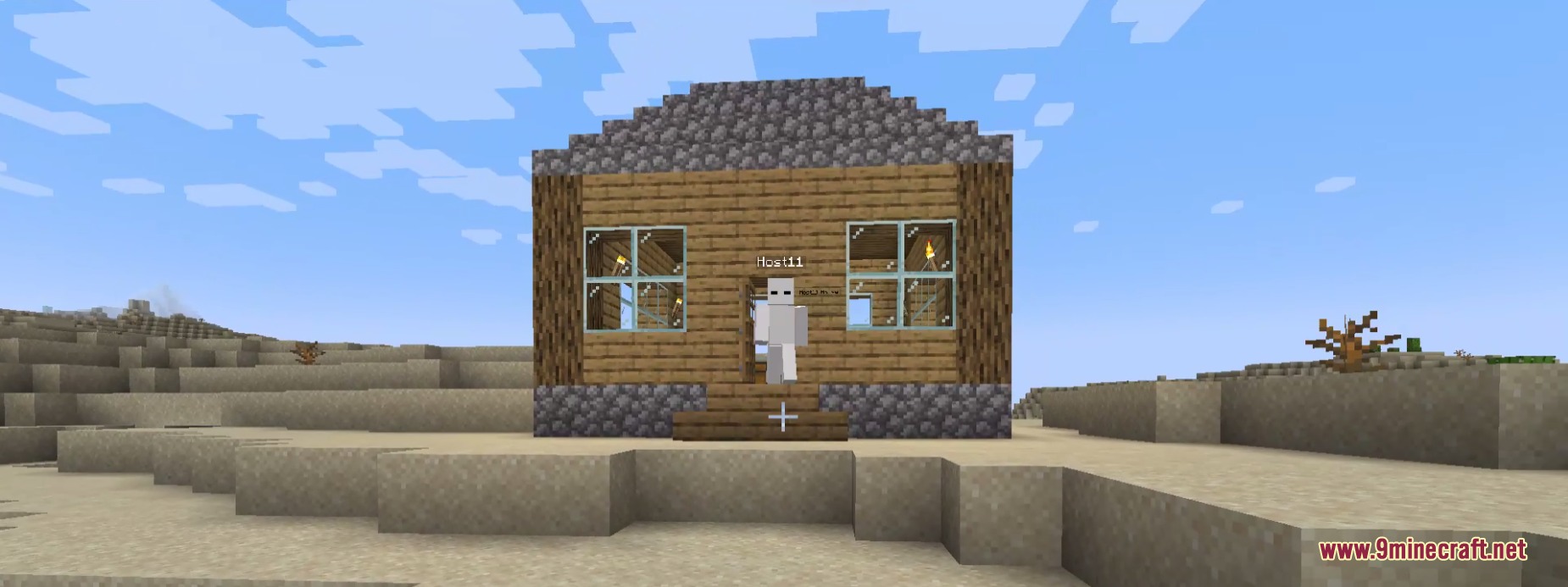 Vile Genesis Mod Screenshot 1 A mysterious white entity named Host11 stands outside a wooden desert house