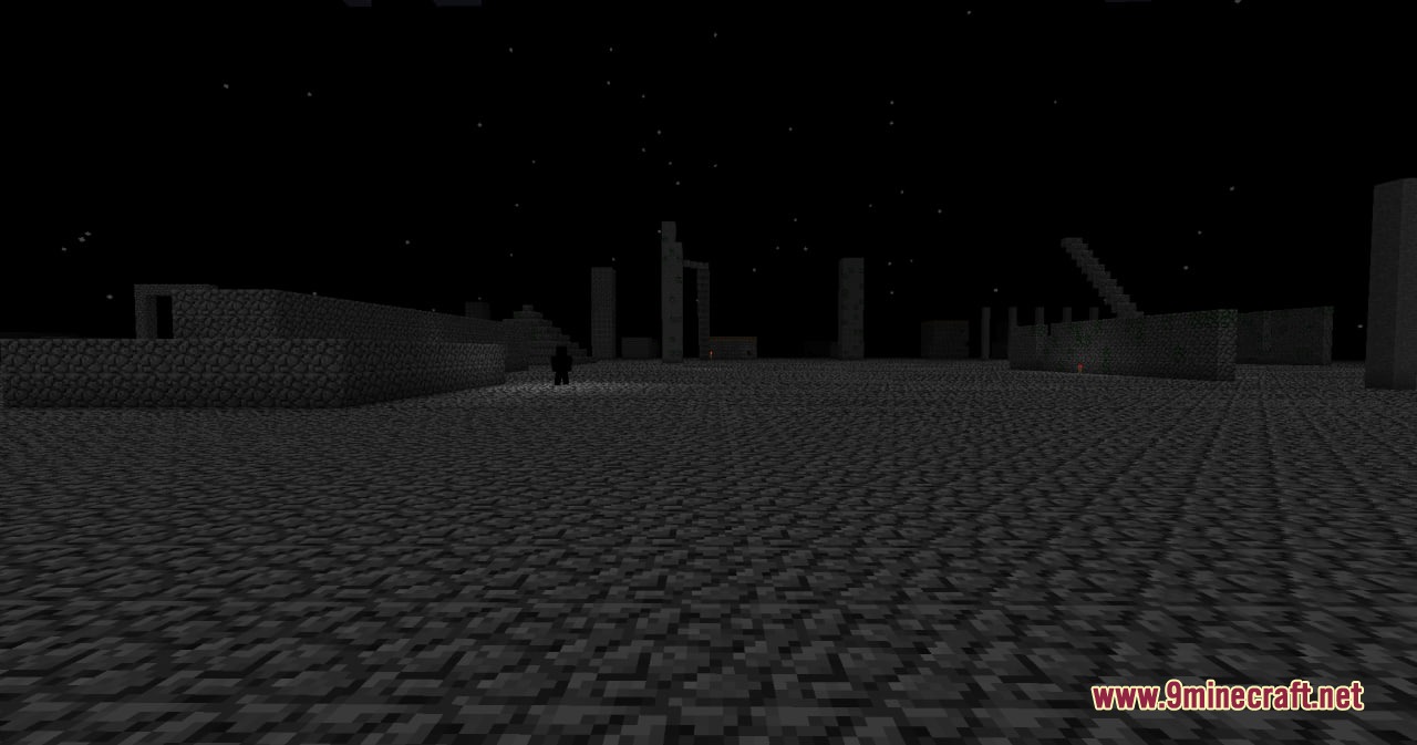 Vile Genesis Mod Screenshot 5 A mysterious dark figure stands in a desolate cobblestone dimension at night