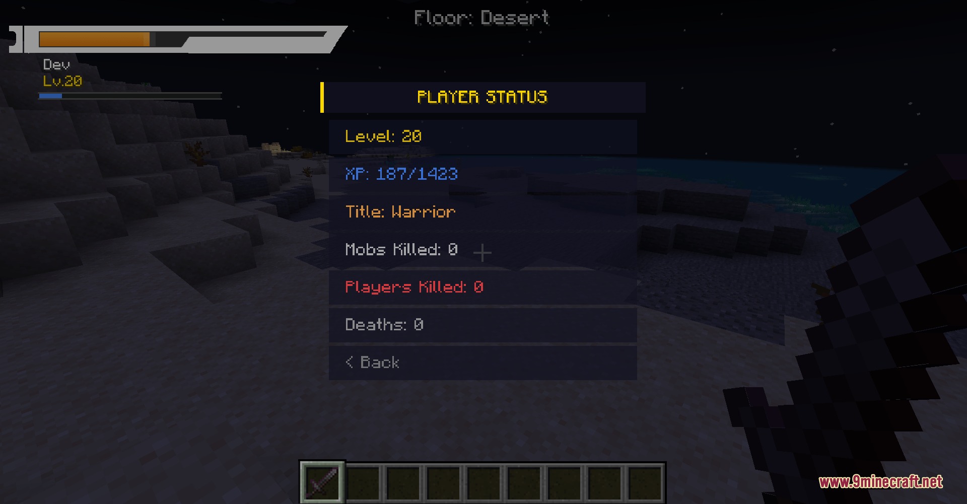Virtual Frontier Interface Mod Screenshot 2 The player status menu shows level and experience in a desert biome