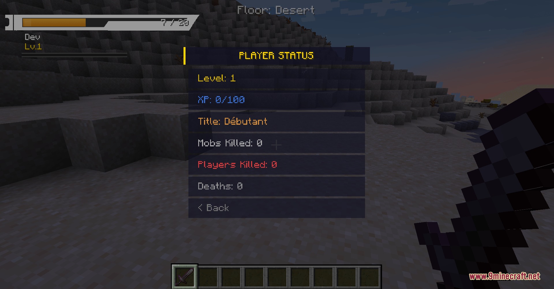 Virtual Frontier Interface Mod Screenshot 3 A player opens a status menu showing level and experience in a desert