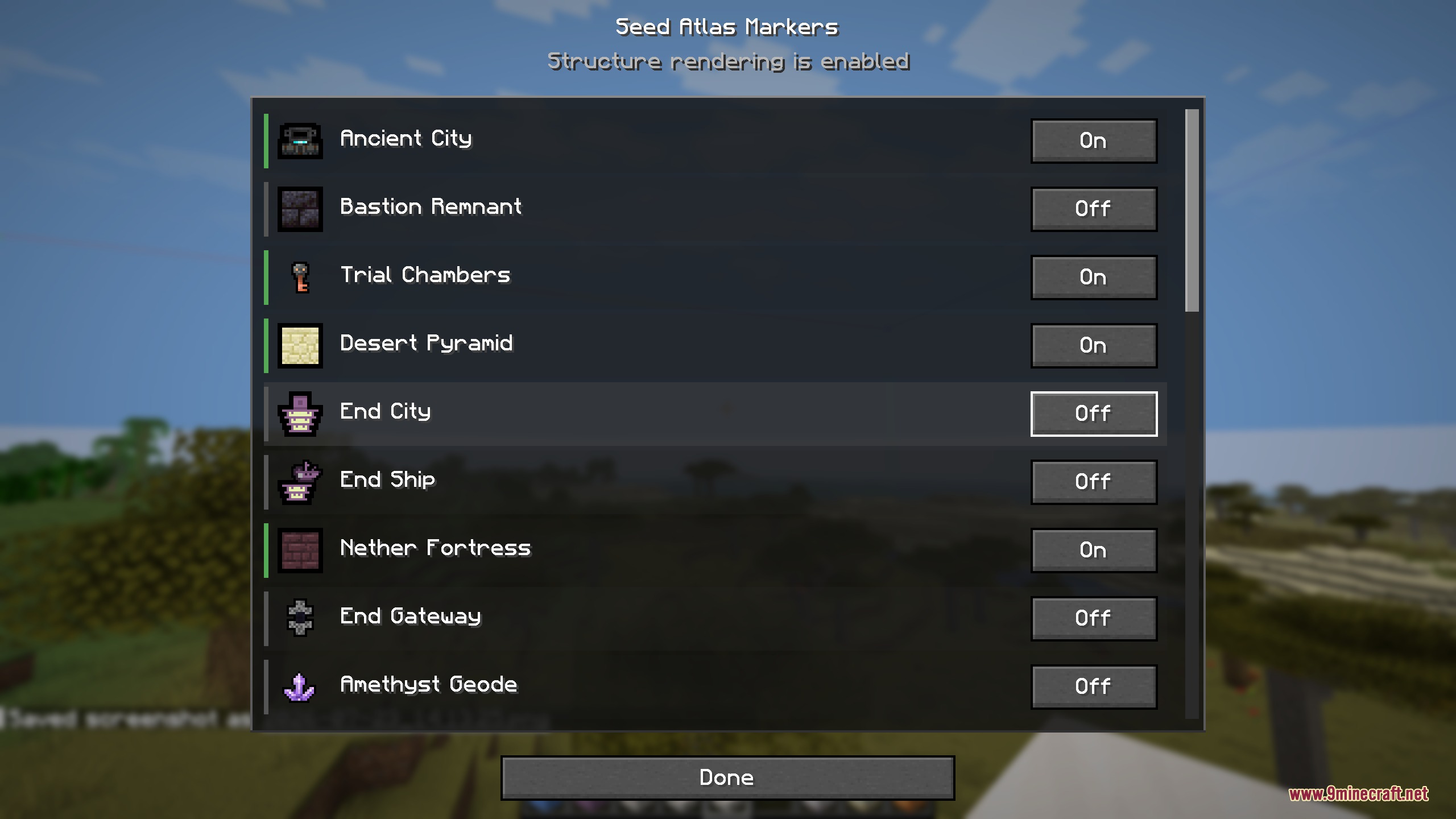 Visionary Terrain Logic Mod Screenshot 1 Interface for toggling visibility of structure markers like Ancient City and Trial Chambers