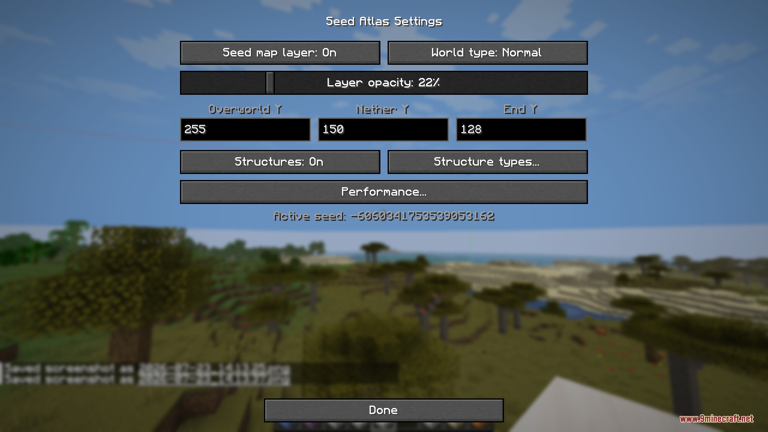 Visionary Terrain Logic Mod Screenshot 2 Configuration menu for adjusting map layer opacity and world type settings in Minecraft
