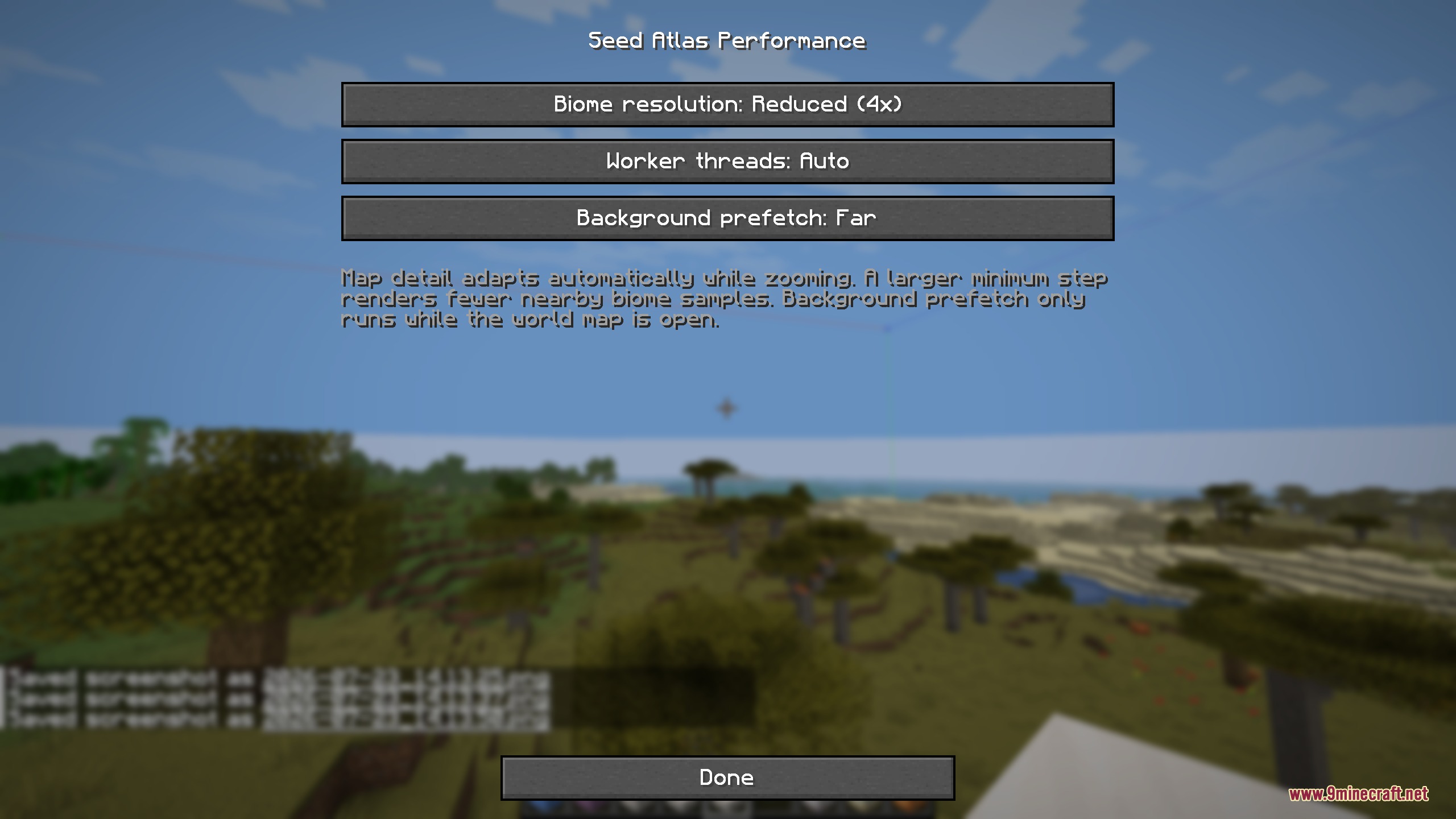 Visionary Terrain Logic Mod Screenshot 3 Performance settings menu for Seed Atlas showing biome resolution and worker threads
