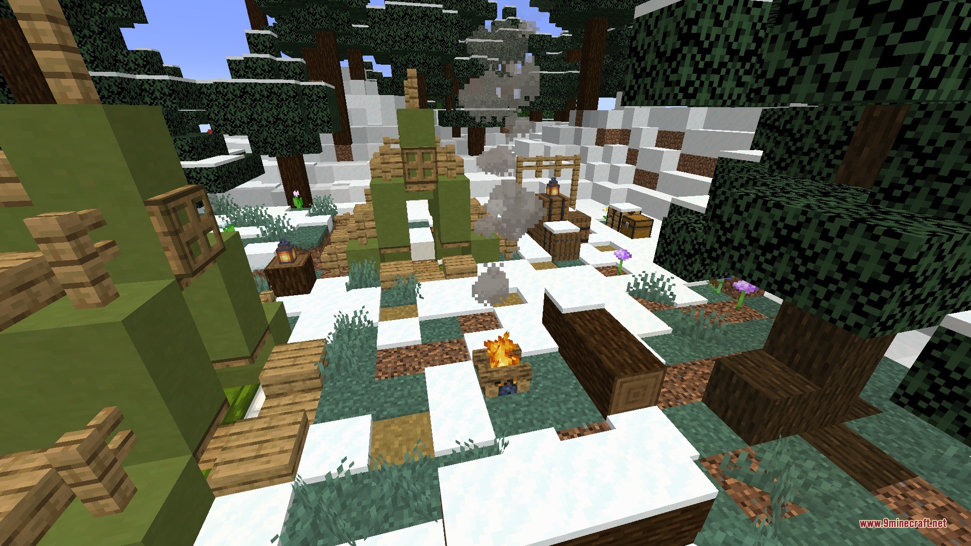 Vista Lore Bound Data Pack Screenshot 10 Green tents and a campfire set up in a snowy forest clearing